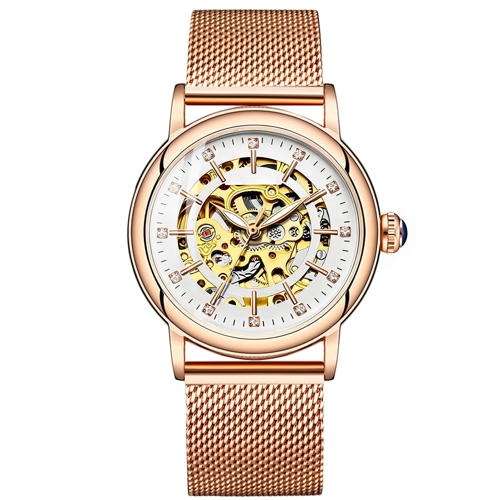 

RORIOS Women s Watch, Mechanical Automatic, Luminous, Clover, Skeleton, Hollow, Mesh Strap, Stylish Business Watch, Rose Gold B