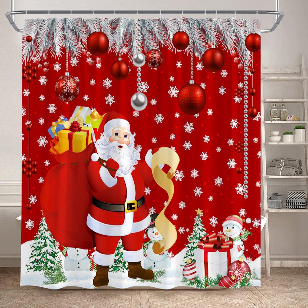 Winter Christmas Shower Curtains Funny Santa Claus Reindeer Snowman Red Xmas Balls Snow Home Bathroom Curtain Decor With Hooks