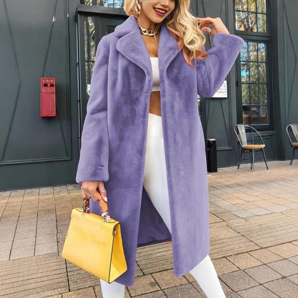 2024 Autumn/Winter Women's Fashion Elegant Tie-Waist Turn-Down Collar Plush Long Coat