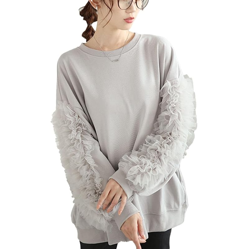 

[Gold Japan] big size ladies tops trainer sweatshirt long sleeve crew neck tulle frills stretch autumn/winter spring plan-260526 4L gray