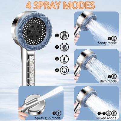 4 Modes Massage Brush Shower Head Large Flow High Pressure Water Saving Handheld Showerhead One-Key Stop Water Shower Nozzle