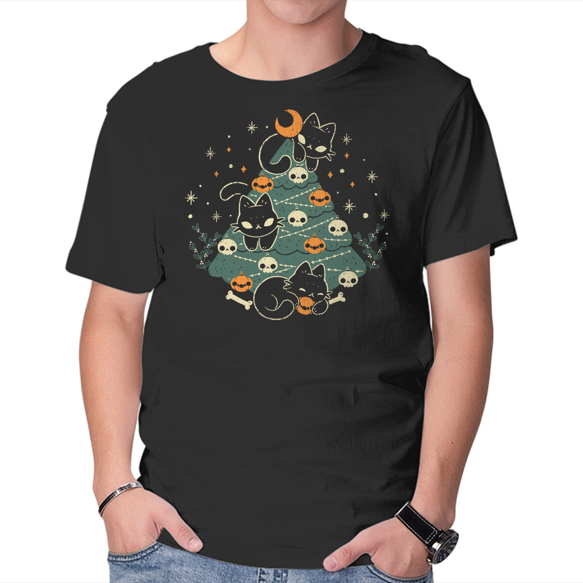 Unisex Crew Neck T-Shirt Halloween Christmas Tree Graphic Short Sleeve Casual Tee L