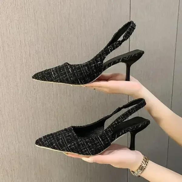 Fashion 2024 New Sandals Straps Women's Low Shoes Suit Female Beige Summer Clear Heels Low-heeled Black Closed Pointed Elastic Band Ope