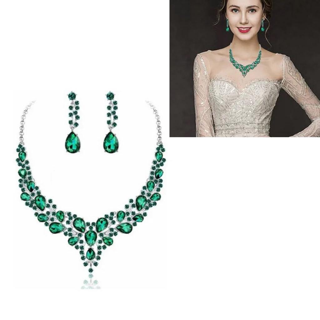 Necklace Earring Set Green Shiny Exquisite Women Decorative Jewelry for Wedding Anniversary