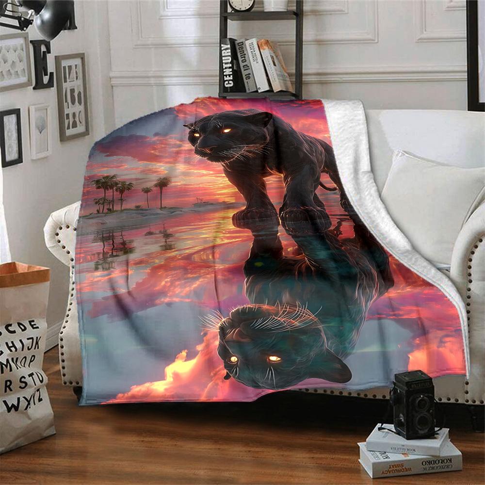 1pc Panther Reflection Sunset Blanket Lightweight Flannel Blanket Throw Blanket For Sofa, Bed, Travel, Camping, Livingroom, Office, Couch, Chair, And