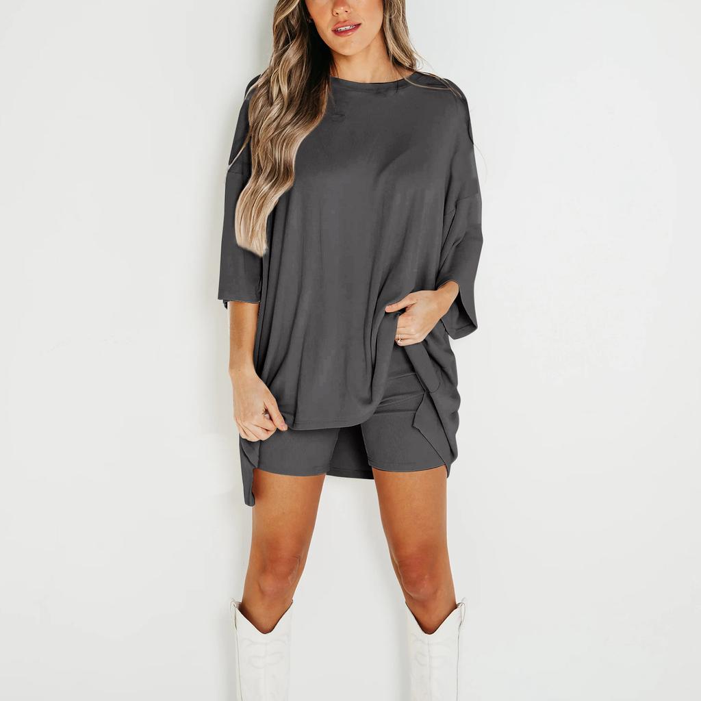 Women's Summer 2-Piece Round Neck Short Sleeves Drop Shoulder Big Kids Top And Bar Skinny Yoga Biker Shorts Set