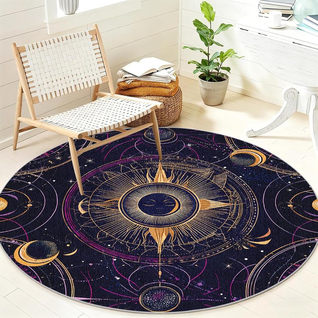 Sun Moon Round Area Rug Washable Non Slip Rug for Living Room Bedroom,Soft Low Pile Floral Carpet for Nursery Bedroom Dining Roo