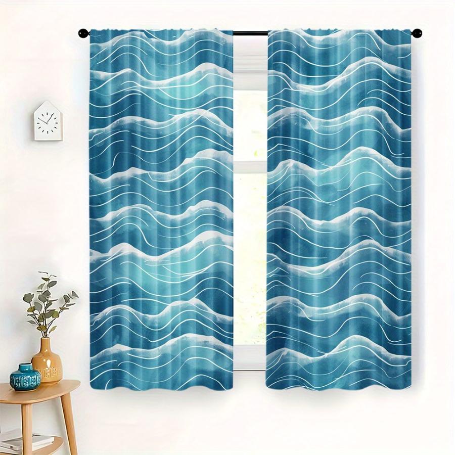 Digital Printed Curtains with Blue Ocean Waves Design, Stylish Window Drapes for Living Room Bedroom Home Decoration