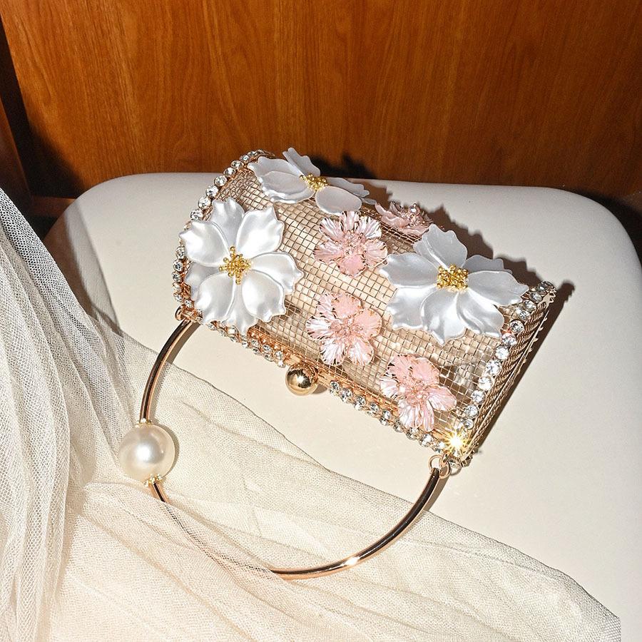 Metal Diamond-encrusted Flower Pearl Vegetable Basket Bag Dinner Diamond Light Luxury Bucket Hand-held Cylinder Messenger Bag