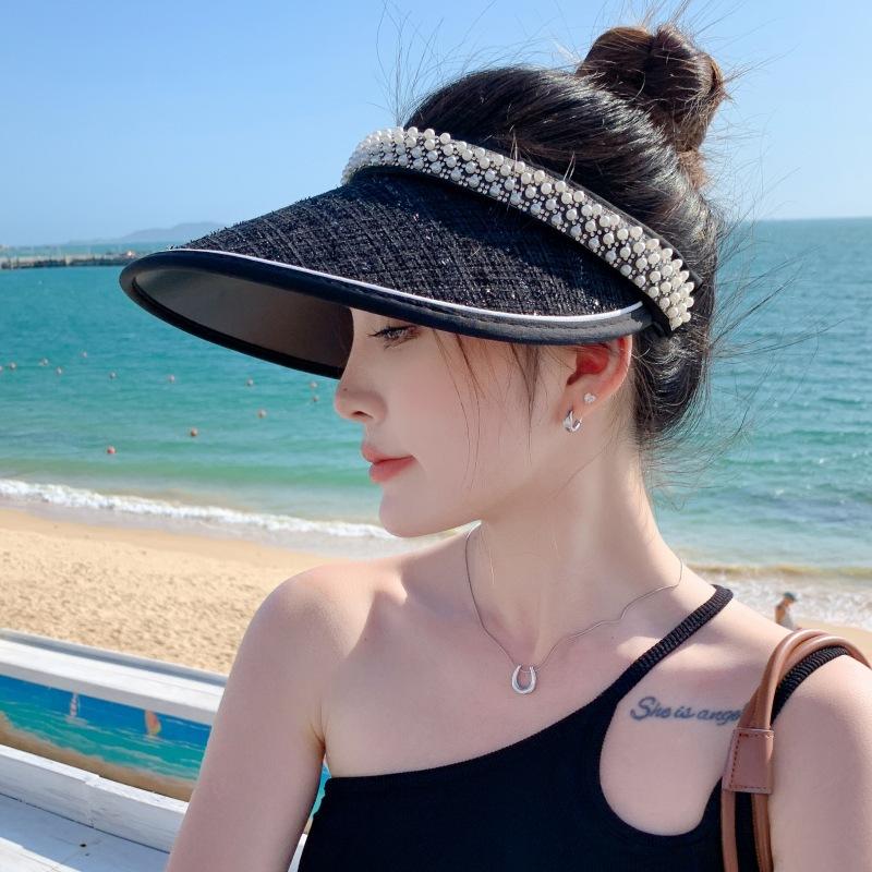 Hat Women's Summer UV Protection Empty Top Hat Versatile Premium Face Small Sun Hat Travel Pearl Sunscreen Hat