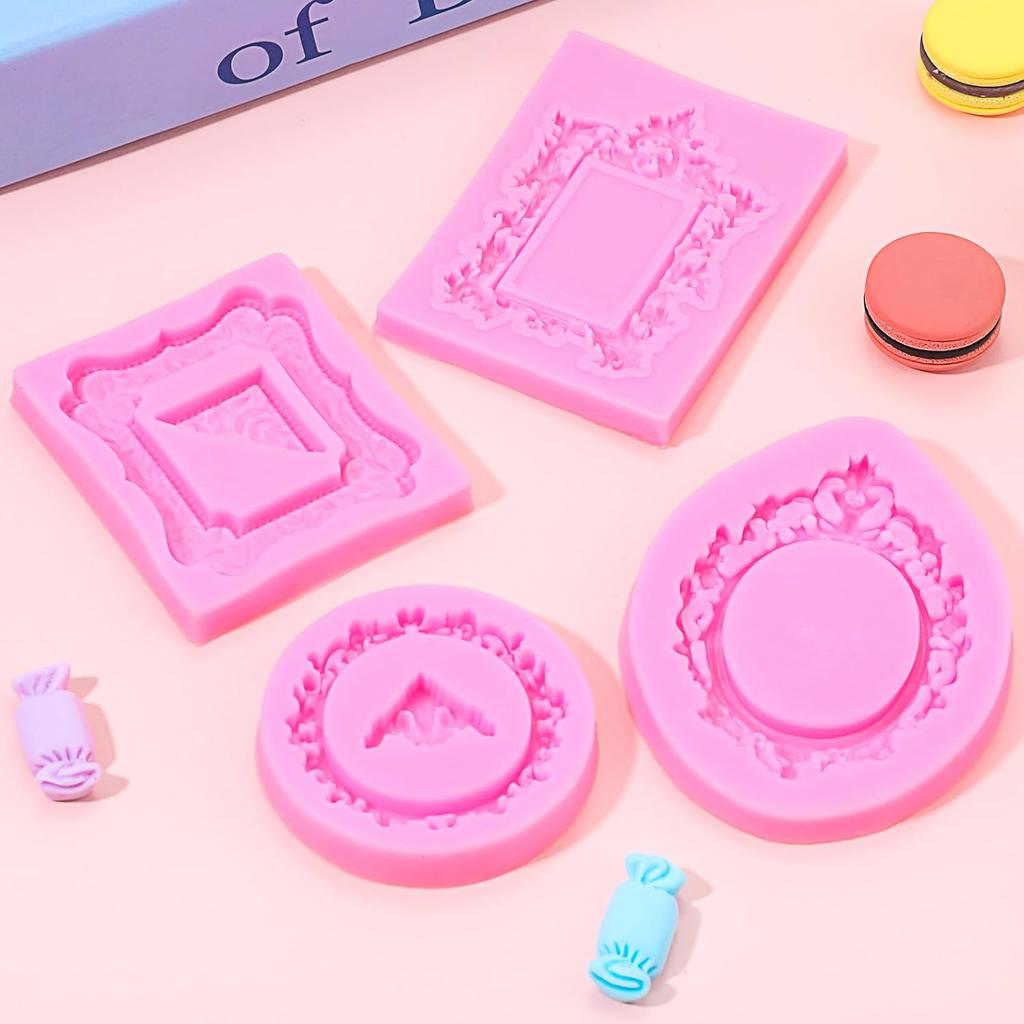 4Pcs Silicone Frame Chocolate Mold, Baroque Style Air Dry Clay Molds Fondant Photo Frame Mold, Frame Mold for Crafts, Baking, Cupcake Topper, Cake