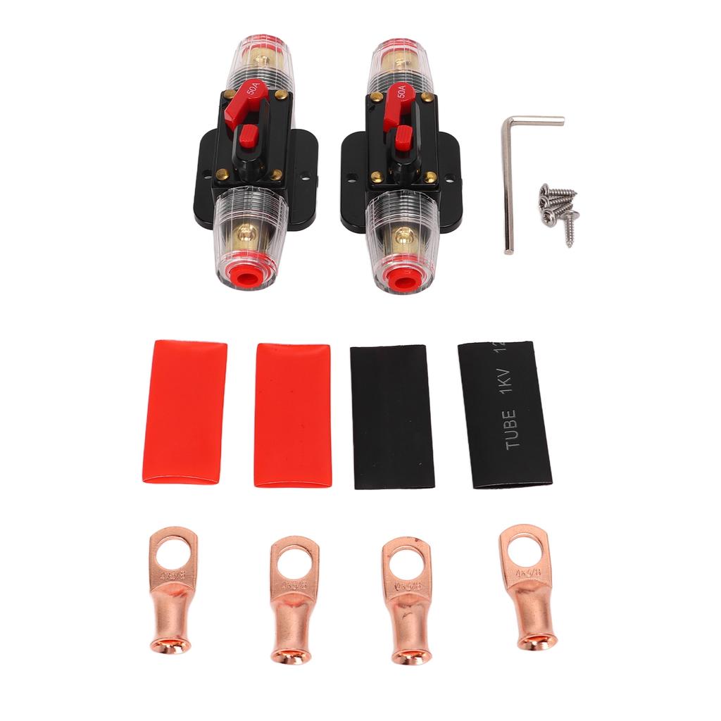 12‑24V Inline Circuit Breaker with Manual Reset Fuse Holder Battery Lugs Heat Shrink Tubes for Car Boat Audio System