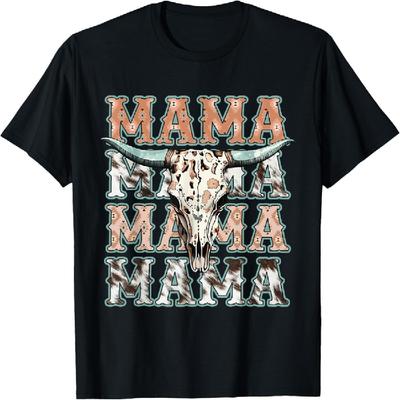 Mama Western Retro Groovy Cow Skull Country Rodeo Mother Day T-Shirt