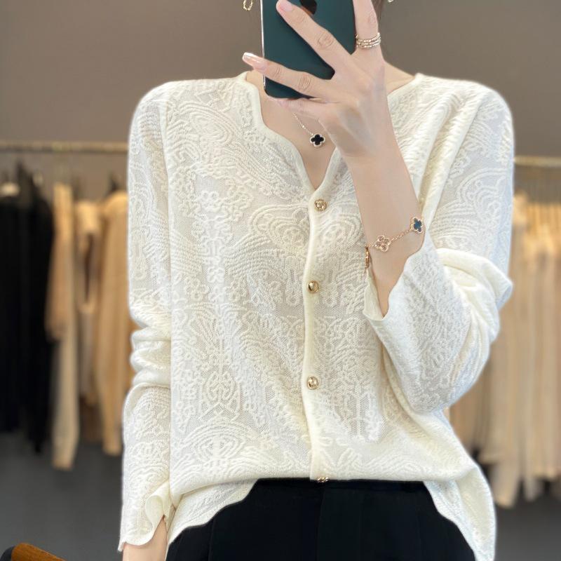 V-neck Early Autumn Wool Cardigan with French Lace Trim
