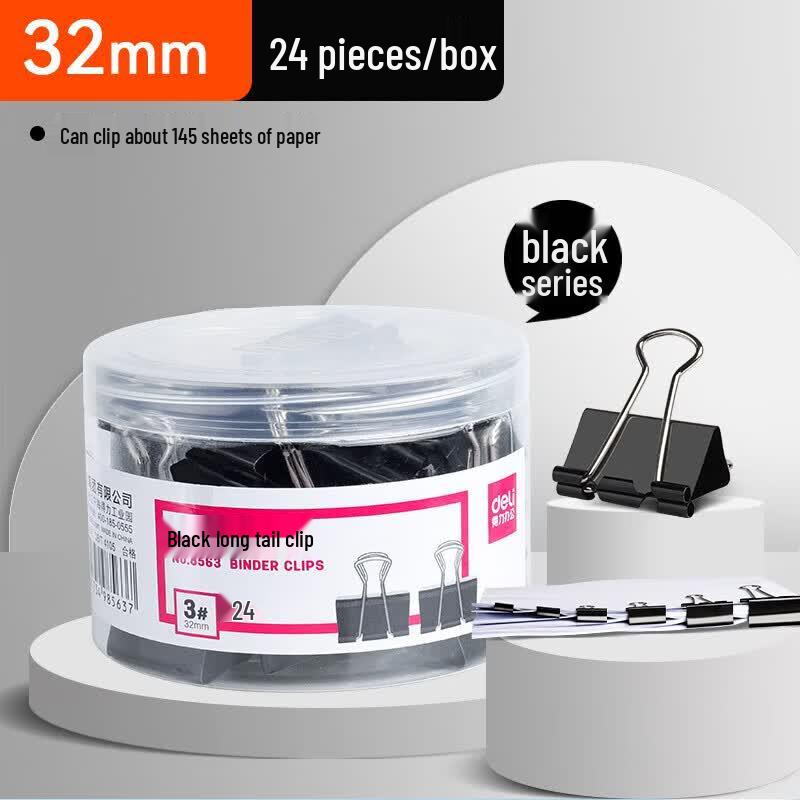 Deli 32mm Black Long Tail Binder Clips, 24 Pcs