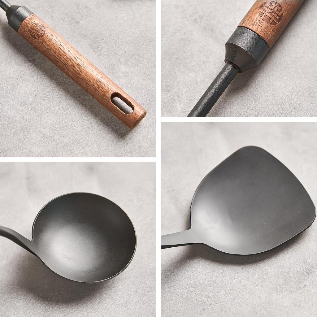 WANGYUANJI Chinese Spatula and Ladle Set Iron Nitride Kitchen Natural Wood Easy Kitchen Tools (2-Piece Set) - Steel, Utensils, Rust-Resistant, Handle,