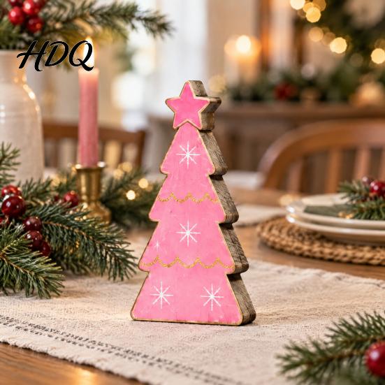Holiday Party Centerpieces Pink Christmas Tree Wooden Figurine Snowflake Polka Dot Tabletop Decor Romantic Decorations Festive Home Ornament