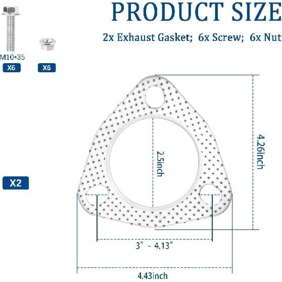2PCS Exhaust Flange Gasket With 6PCS Exhaust Bolts And 6PCS Nut Kit,Graphite Composite Exhaust Gasket For Exhaust Flange Repair,Universal Car