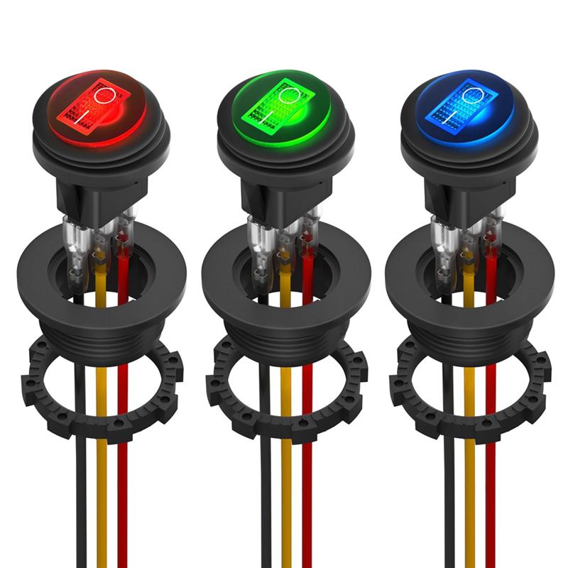 Round Rocker Switch 12V 20A UL Listed Waterproof Marine Round Toggle Switch LED Lighted On Off Switch Heavy Duty 3 Color-A87Q