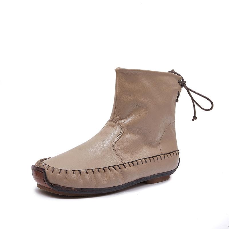 Johnature Handmade Sewing Genuine Leather Women's Boots Retro Warm Plush Flat Mid-calf Boots