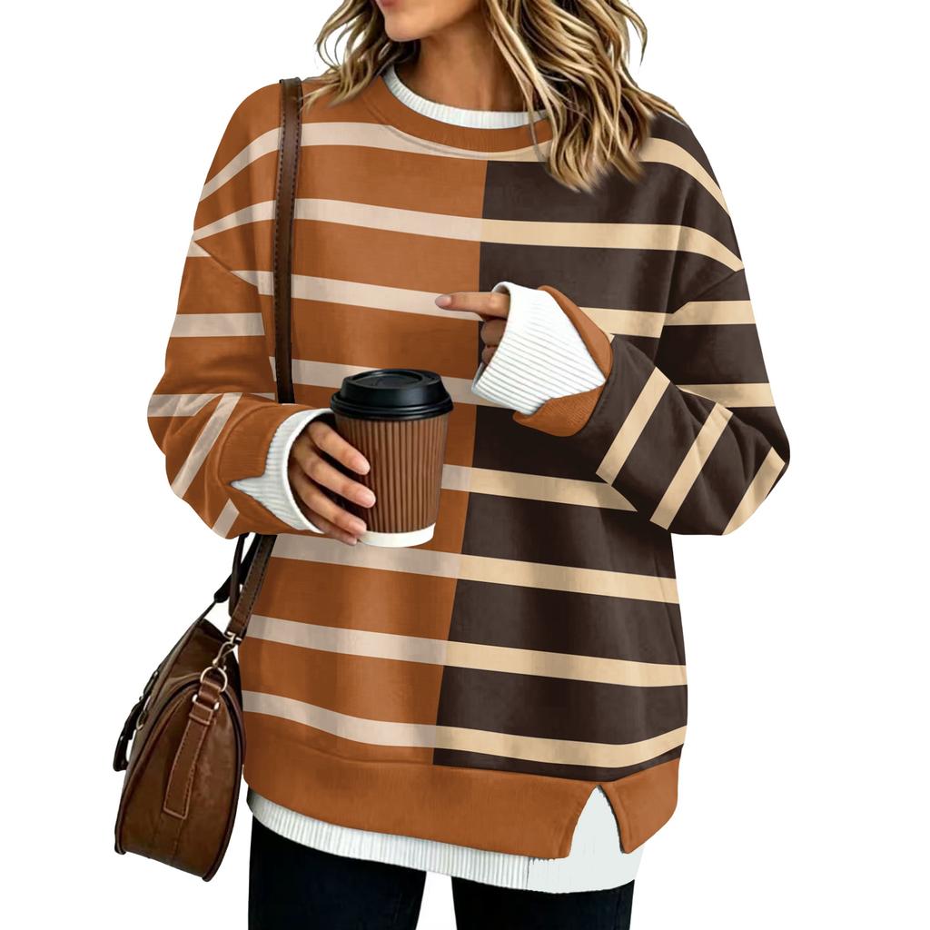 Trendy Women's Casual Loose Fit Long Sleeve Two Piece Striped Sweatshirt Pullover Top
