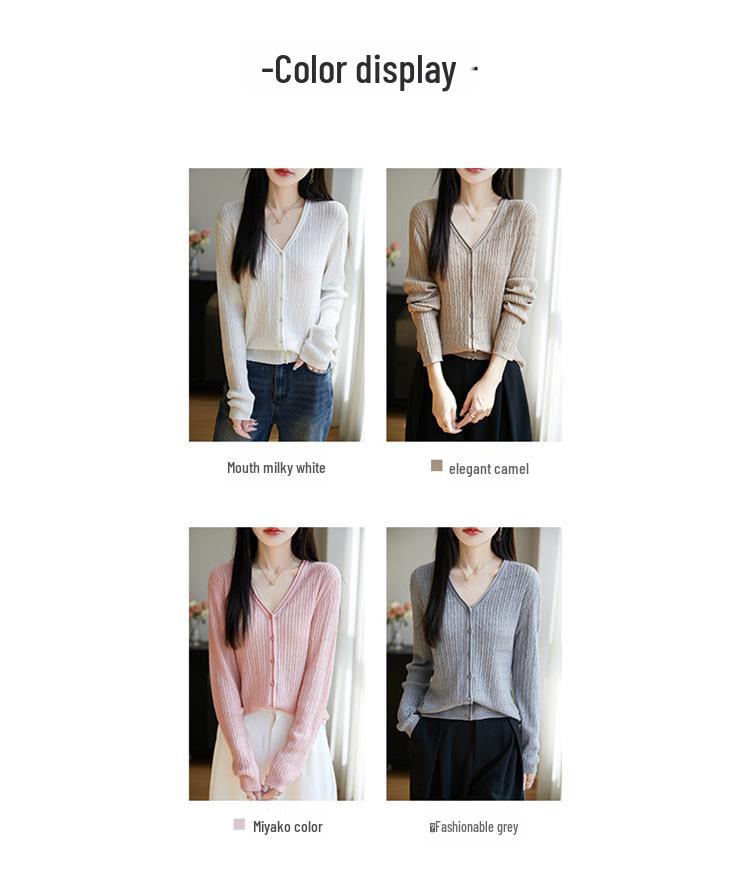 Dámský vlněno-hedvábný kardigan s výstřihem do V a dlouhým rukávem, volného úpletu, jaro/léto 2025