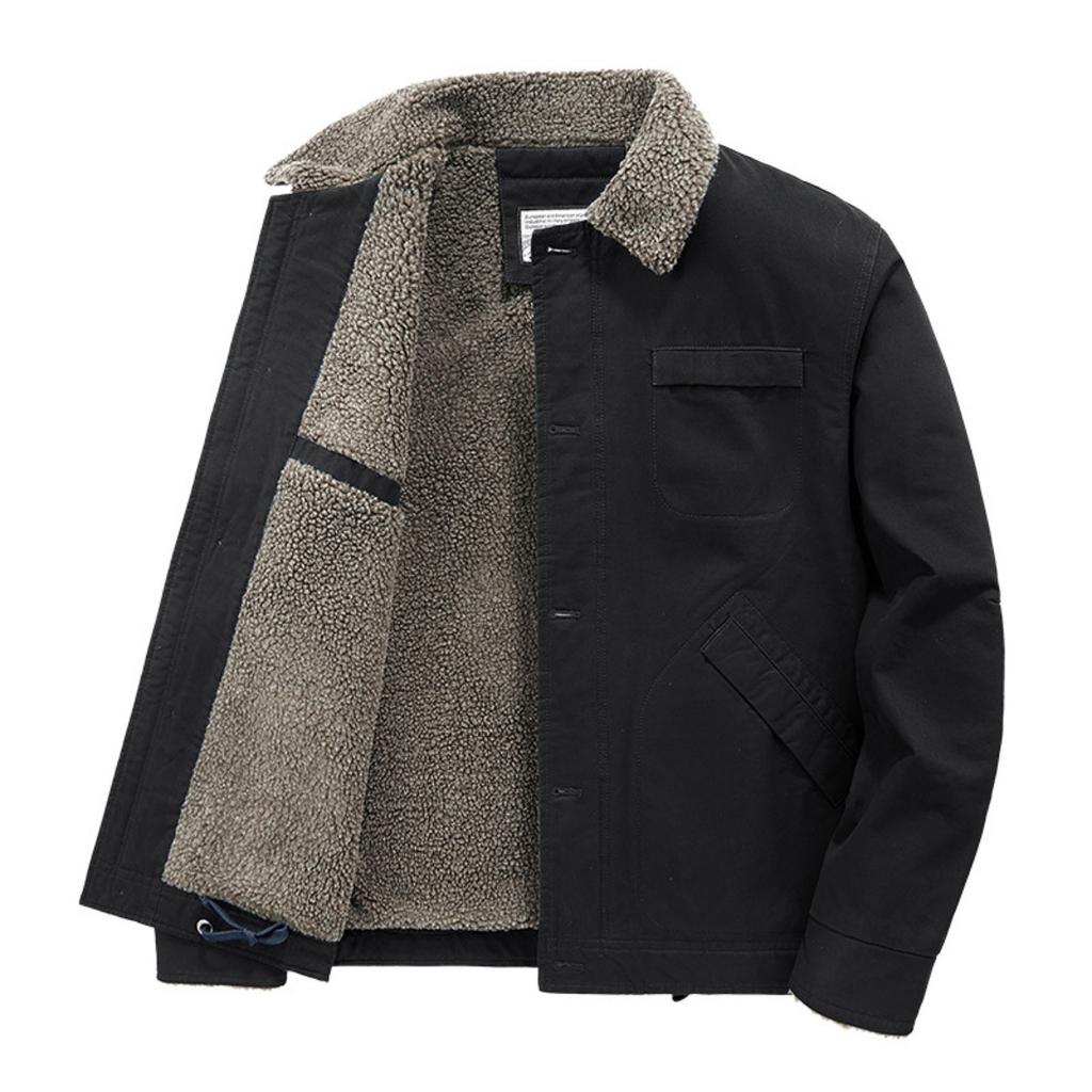 Men's Fleece-lined Lamb Wool Collared Workwear Cotton Puffer Jacket, Fall Winter American Vintage Casual Outerwear