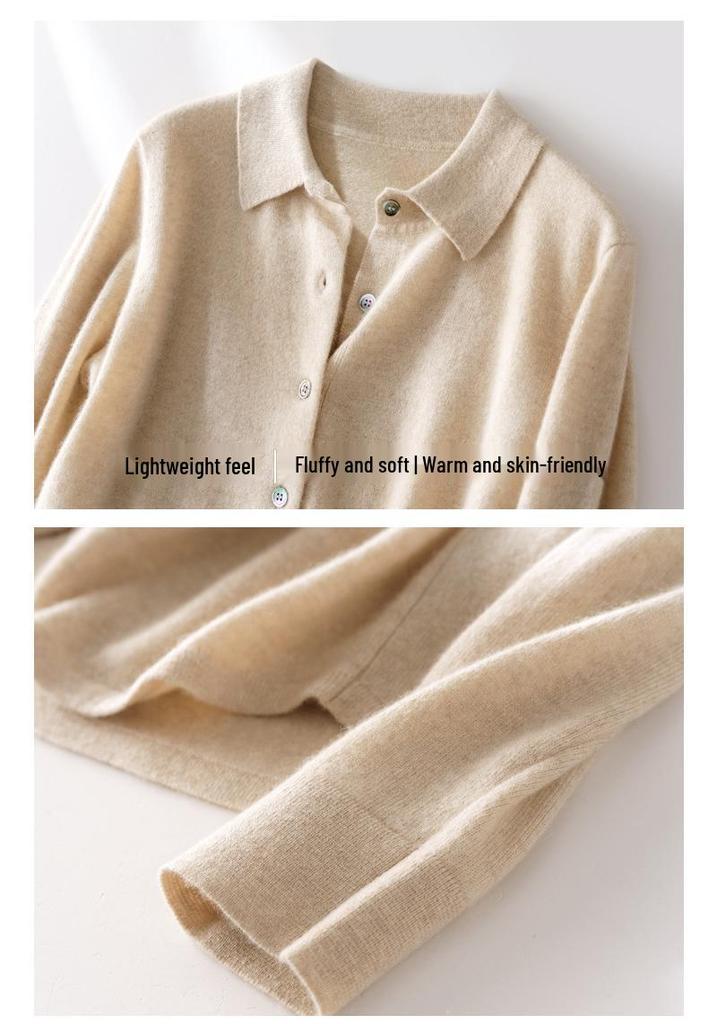 Women's 100% Cashmere Polo Neck Sweater - Loose Long Sleeve Knit Cardigan for Autumn and Winter