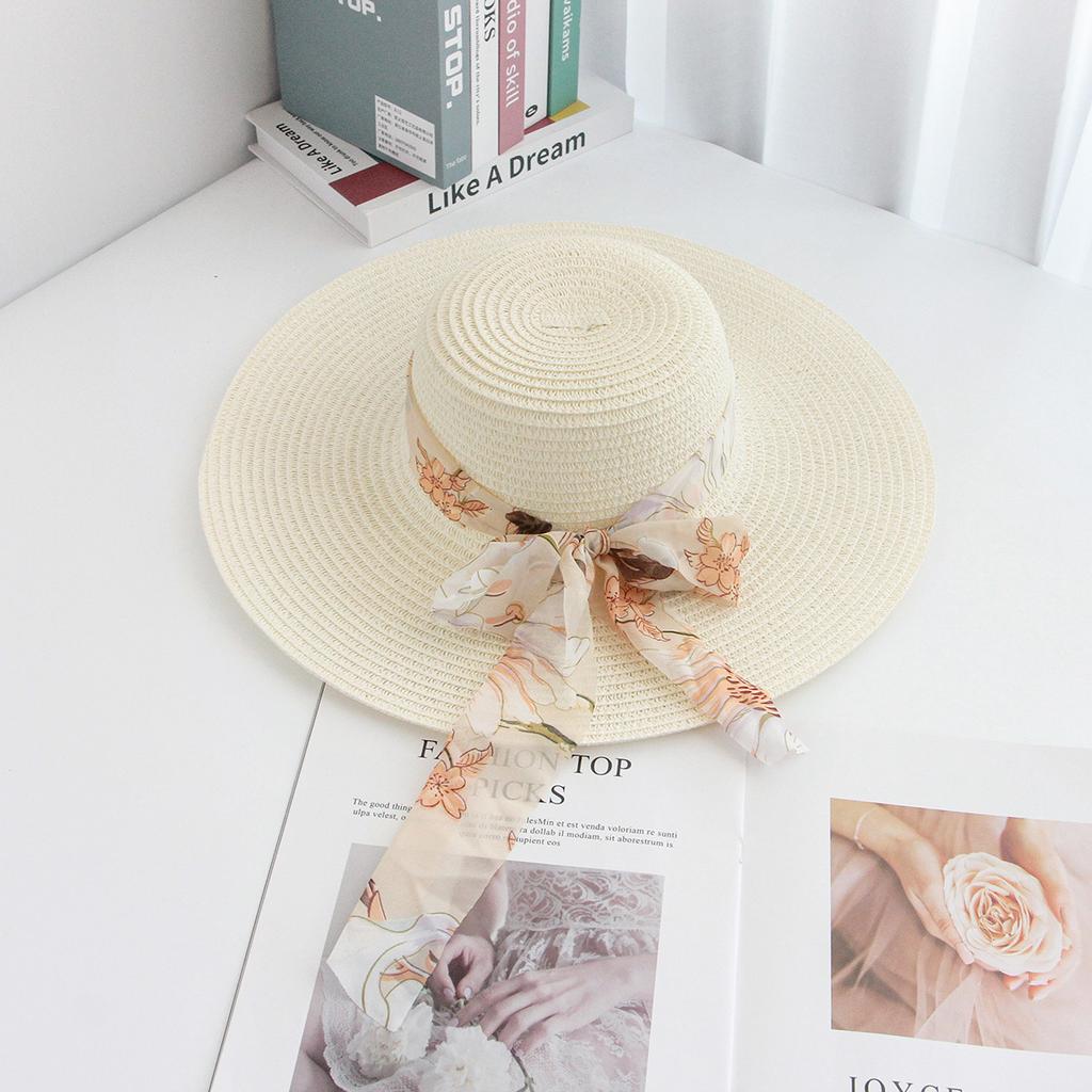 Lace Bow Straw Hat Women's Summer French Large Brim Sunscreen Hat Seaside Beach Vacation Sun Hat