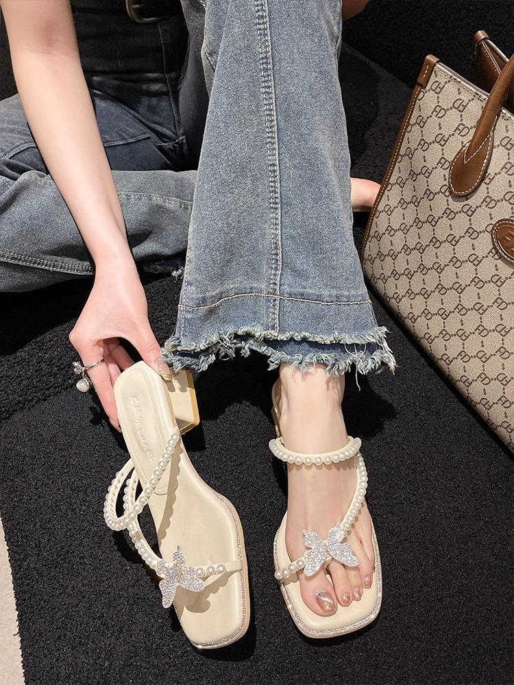 

2025 summer new rhinestone butterfly toe with pearl temperament thick heel gentle literary high heel cool slippers 35