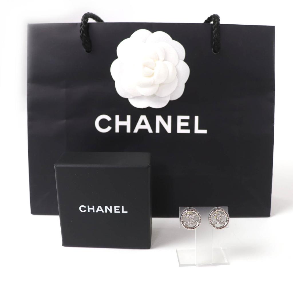 Excellent CHANEL Pierce COCO Mark rhinestone circle Silver metal AB9068 A22A Used