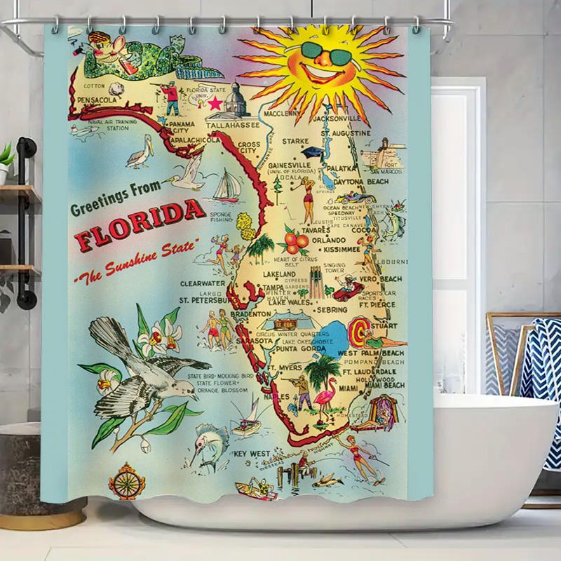 Vintage Florida Map Shower Curtain State Pride Decor for Bathroom Greetings From Sunshine State Gift Idea 36x72 Inch 90x180cm