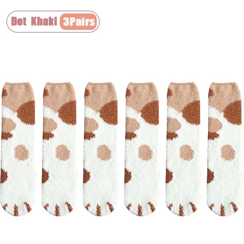 1-10Pairs Autumn Winter Cute Cat Paw Coral Fleece Mid-Calf Socks for Women Thickened and Warm Sleep Socks for Cold Weather
