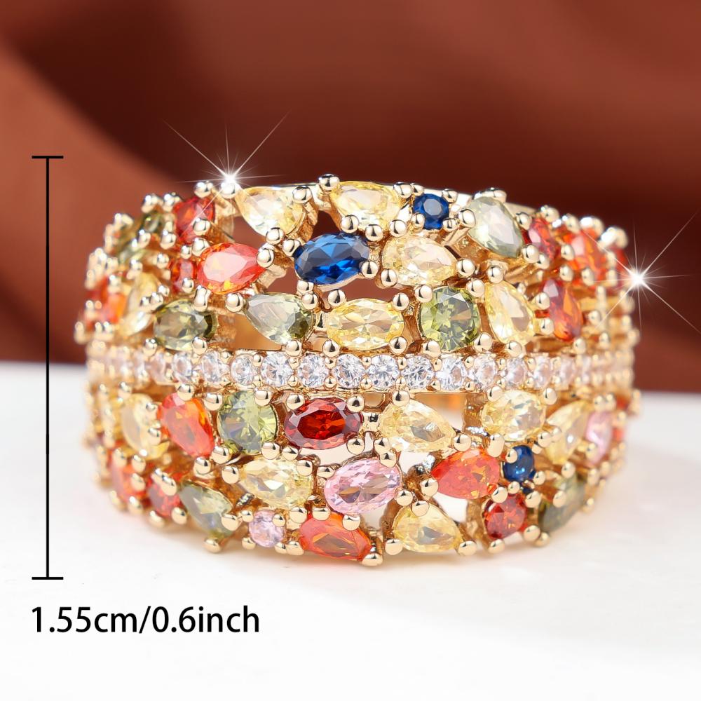 Luxury Gold Color Multi Color Zircon Wide Band Ring for Women Daily Wear and Party