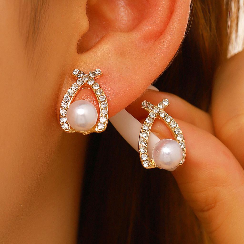 Pearl Teardrop Stud Earrings Sparkling Pave Setting Jewelry