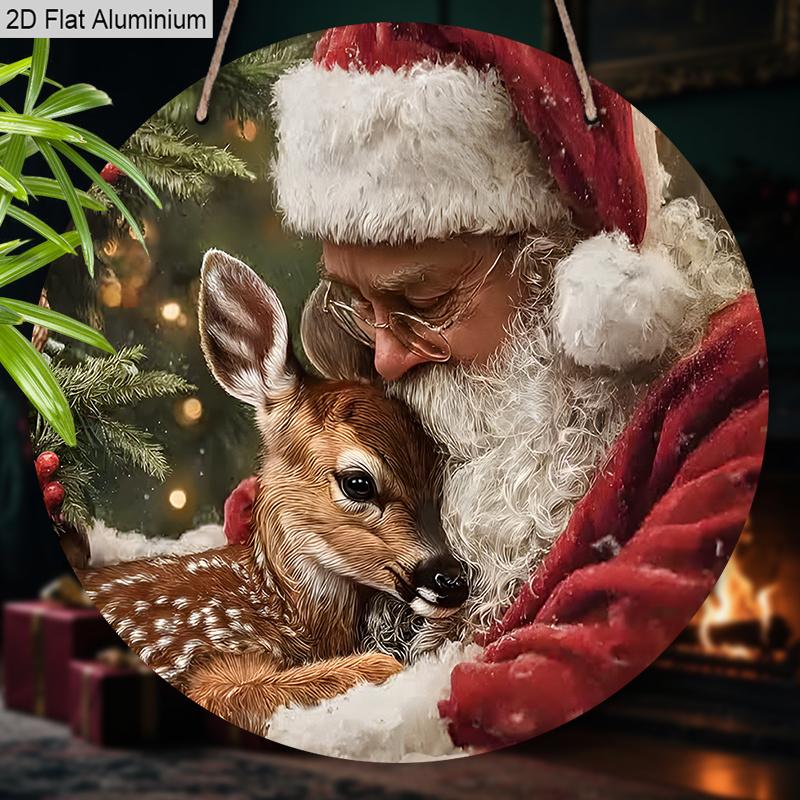 2D Flat Aluminium Christmas Sign with Santa Claus & Elk Pattern - Navidad Figurine Ornaments - Ideal for Front Door, Wall, Porch, Fence Decor - Ideal