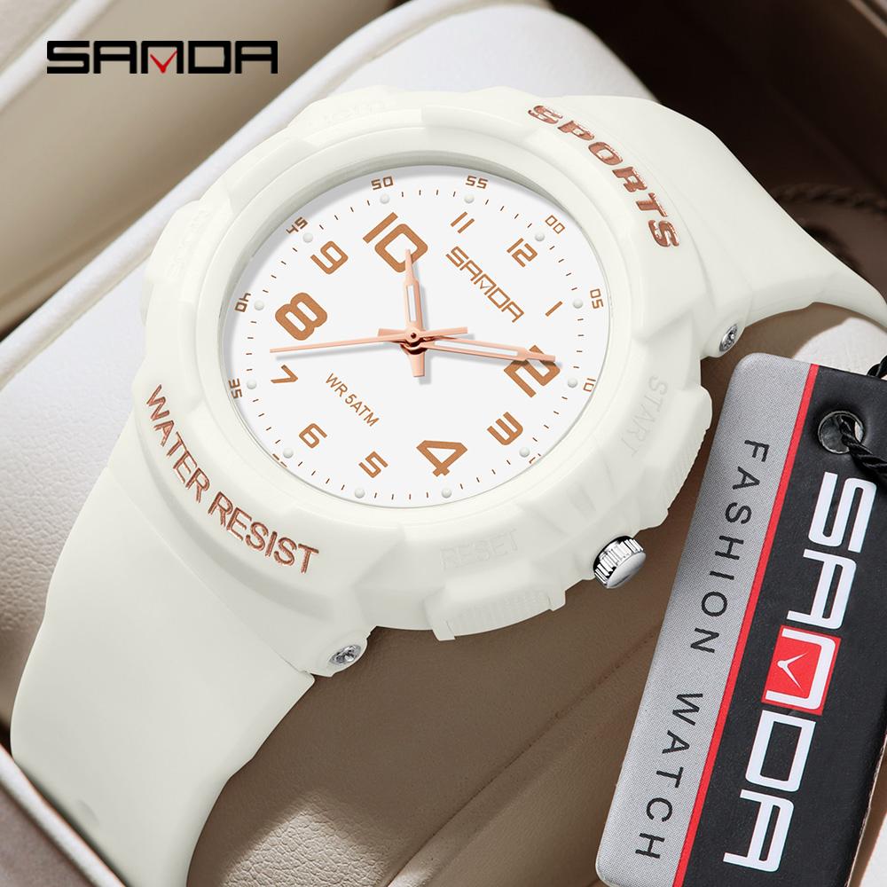 Sanda Trendy Design Soft Student Watch TPU Strap 50M Depth Waterproof Quartz Movement Children Fashion Sports Wrist Watch