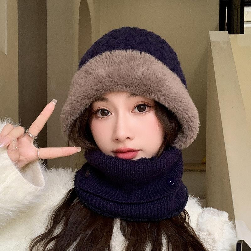 

Зимняя шапка с пуговицами, корейская версия, защита шеи и ушей, вязаная теплая шапка, шапка для велоспорта на открытом воздухе темно-синий