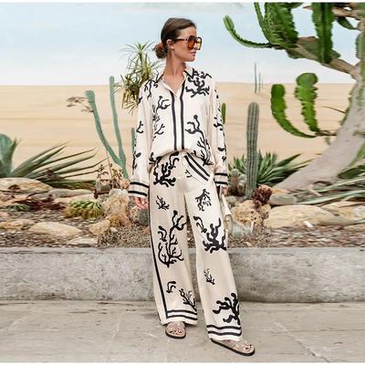 Spring Summer Female Print Suit Women Casual Lapel Long Sleeve Blouse Wide Leg Trousers Fashion Soft Outwear