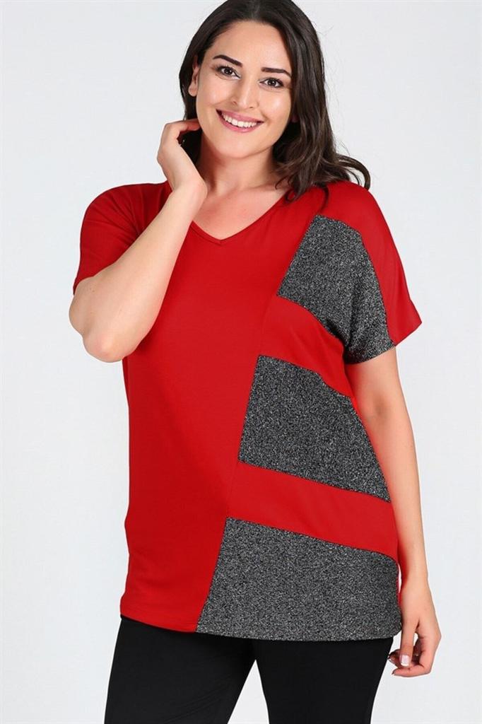 Women's Big Size Blouse Plus Size Glitter Detailed Short Sleeve Blouse