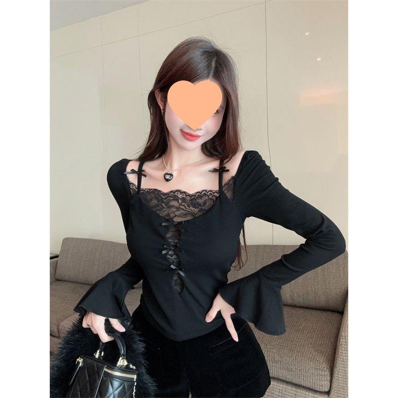 

Кружевная Пэчворк Лонгслив Облегающая Футболка - Модный Осенне-Зимний Женский Гардероб Large чёрный