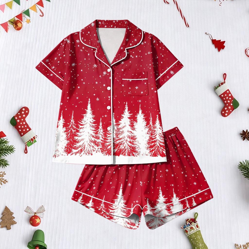Women's 2 Piece Christmas Print Short Sleeve Set with Shorts, Holiday Casual Loungewear Outfit