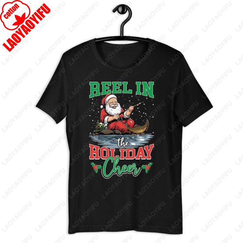 

Fishing Christmas Merry Fishmas Fisherman Santa Tees Funny Cute All Match Adult Cotton Tops Men Women Vintage Classics Tshirt S