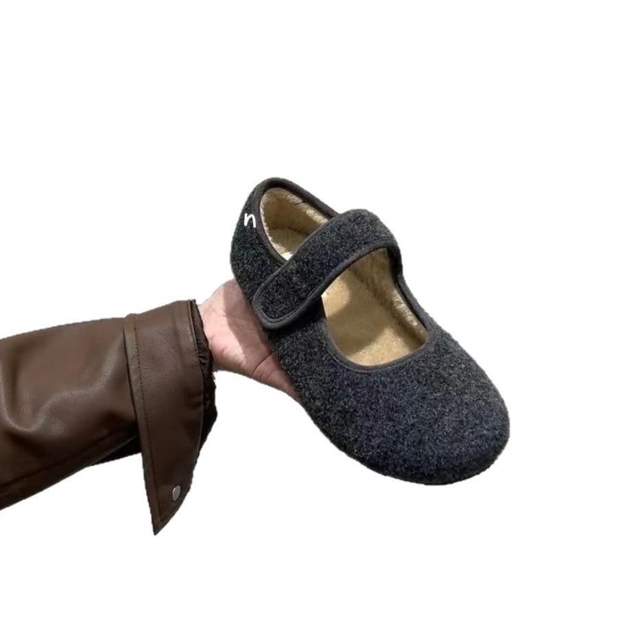 Velcro Gray Fluffy Shoes for Women's Winter Wear New Velvet Single Shoes Warm Cotton Shoes Flat Mary Jane Doudou Shoes