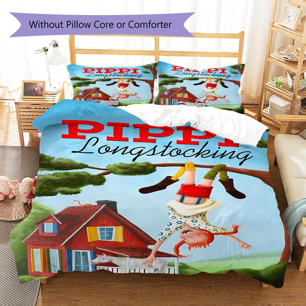 Pippi Longstocking Pattern Bedding,Quilt Set Quilt Cover Pillowcase Home Birthday Gift (1 * Duvet Cover + 2 * Pillowcase, Without Core)
