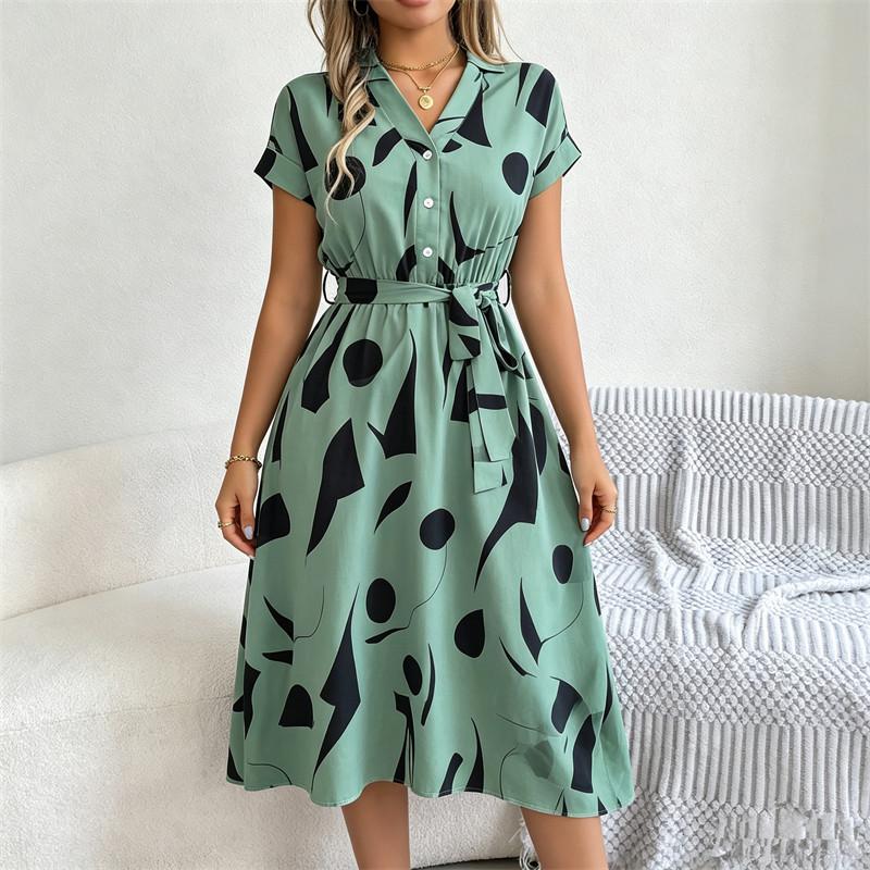 V-Neck Print Dress Women Belt Knee-Length S-6XL