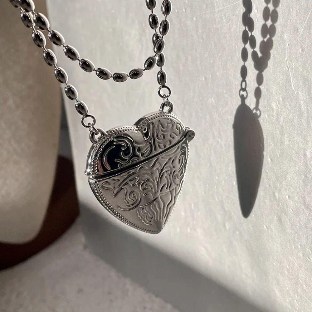 Photo Pendant Heart Locket Necklace Openable Photo Box Pendant Carved Heart Necklace  Sweater Chain