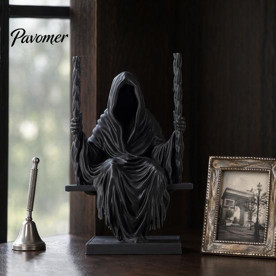 Pleated Robe Sculpture 3D Printed Sitting Reaper Statue, Faceless Man In Black On Swing Ornament Figurine, Gothic Cloak Ornament, Dark Style Figurine