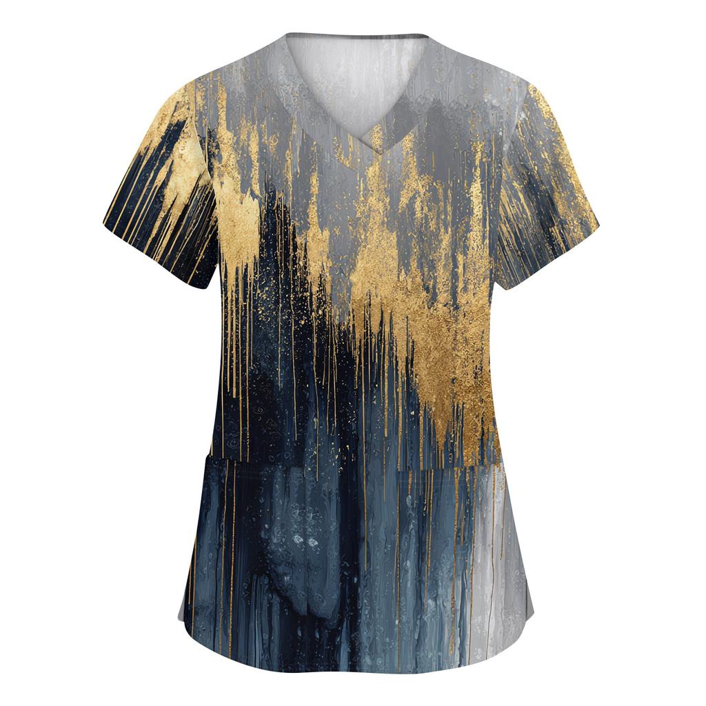 Women's Fashion V-neck Short Sleeve Workwear With Pockets Printed Tops