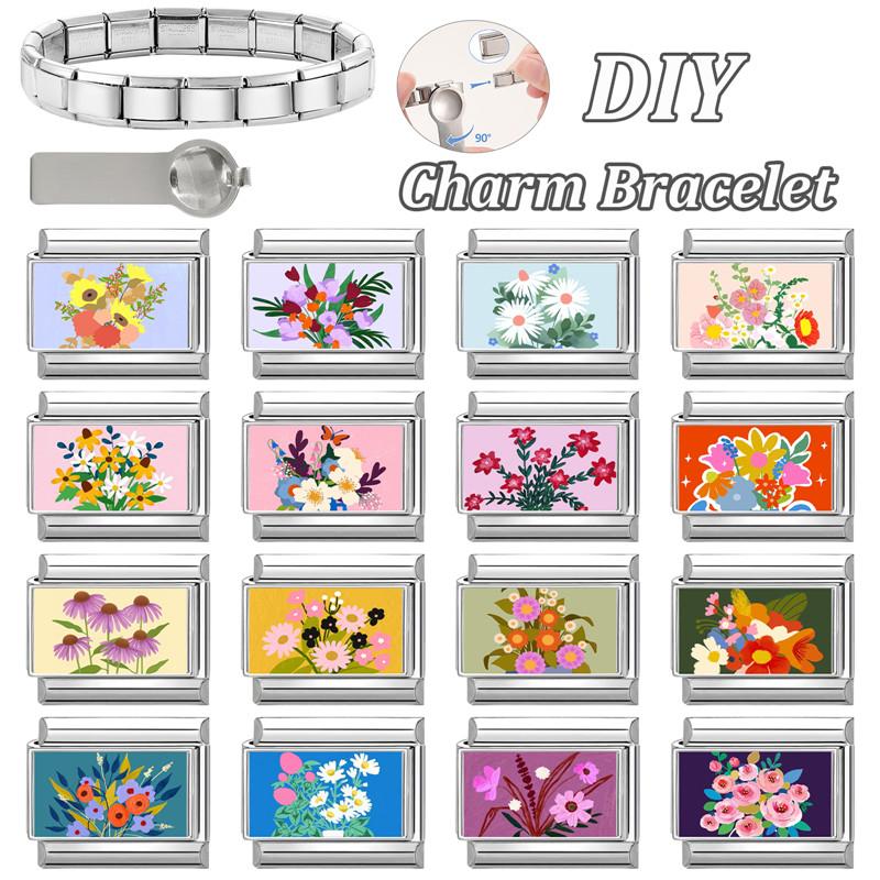New Brilliant Colorful Flower Butterfly Series Italian Charm Links Fit 9mm Stainless Steel Bracelet Women Men DIY Making Jewelry